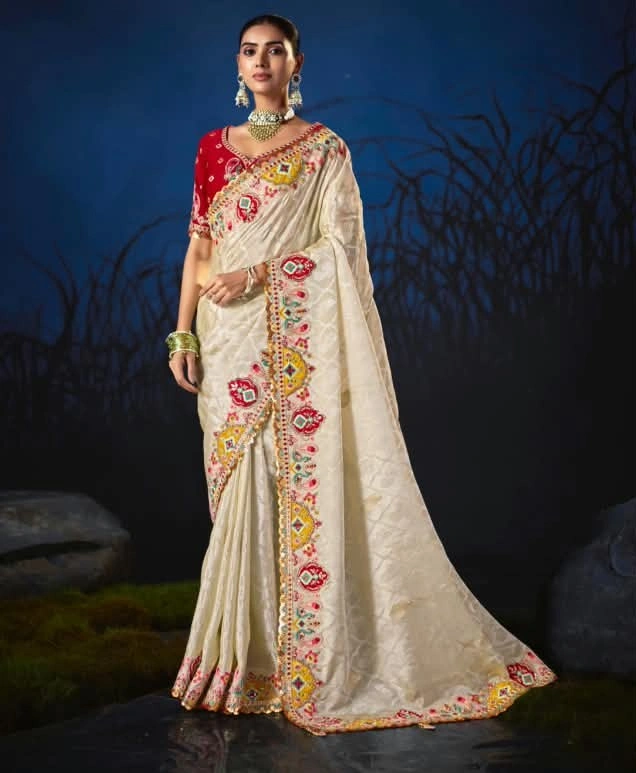Off-White Anaara Pure Viscose Zari Tissue Embellished Saree